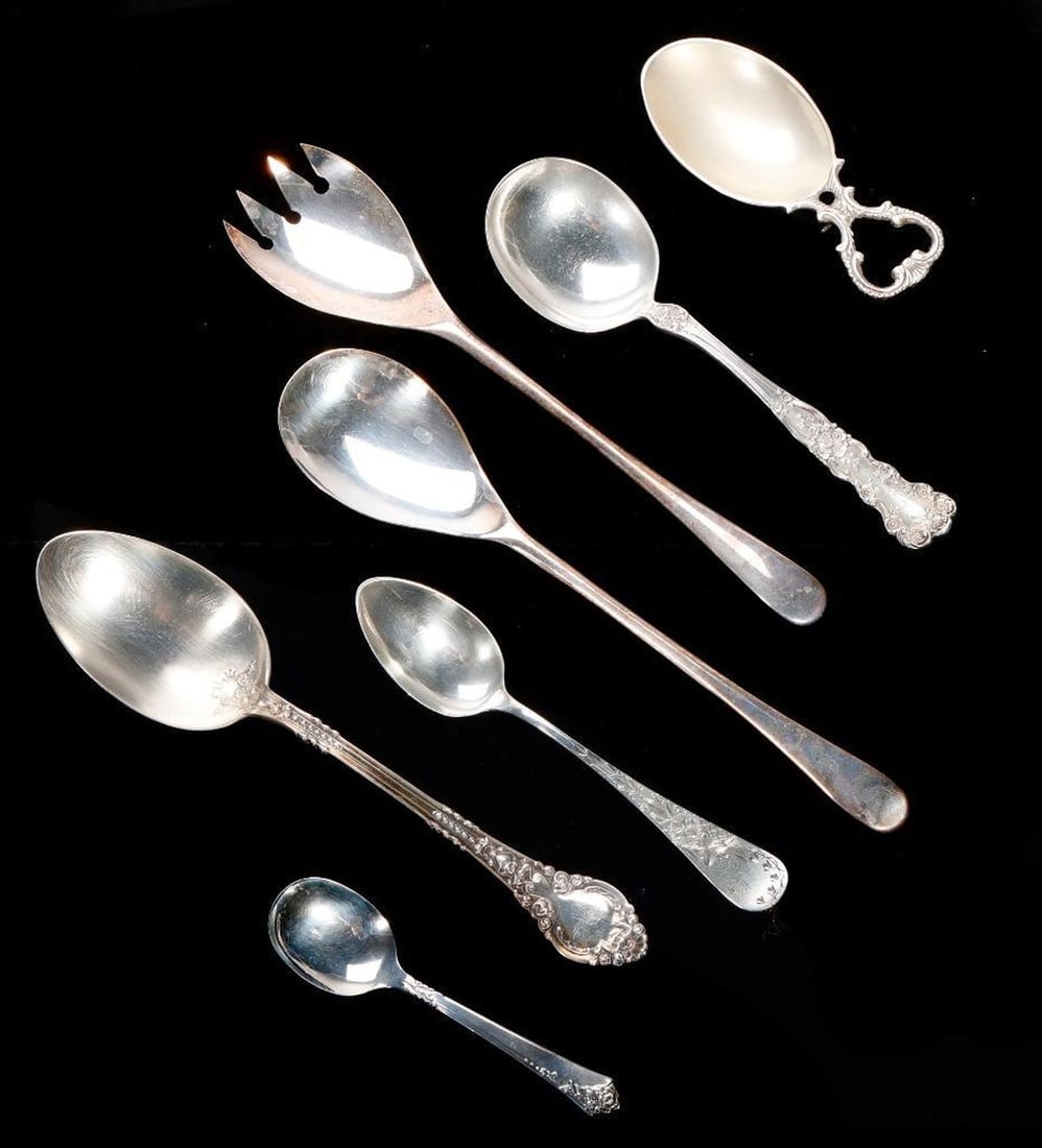 Lot of Sterling and Sheffield Plate Serving Spoons (1 of 2)