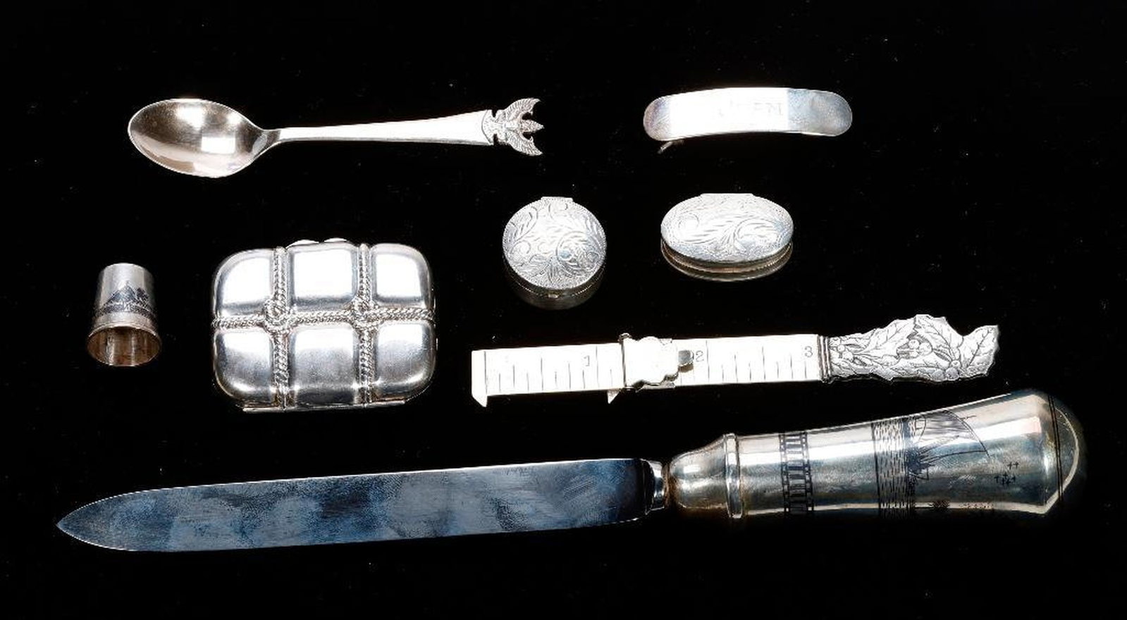 Two Sterling Pillboxes, with Assorted Silver Accoutrements (1 of 5)