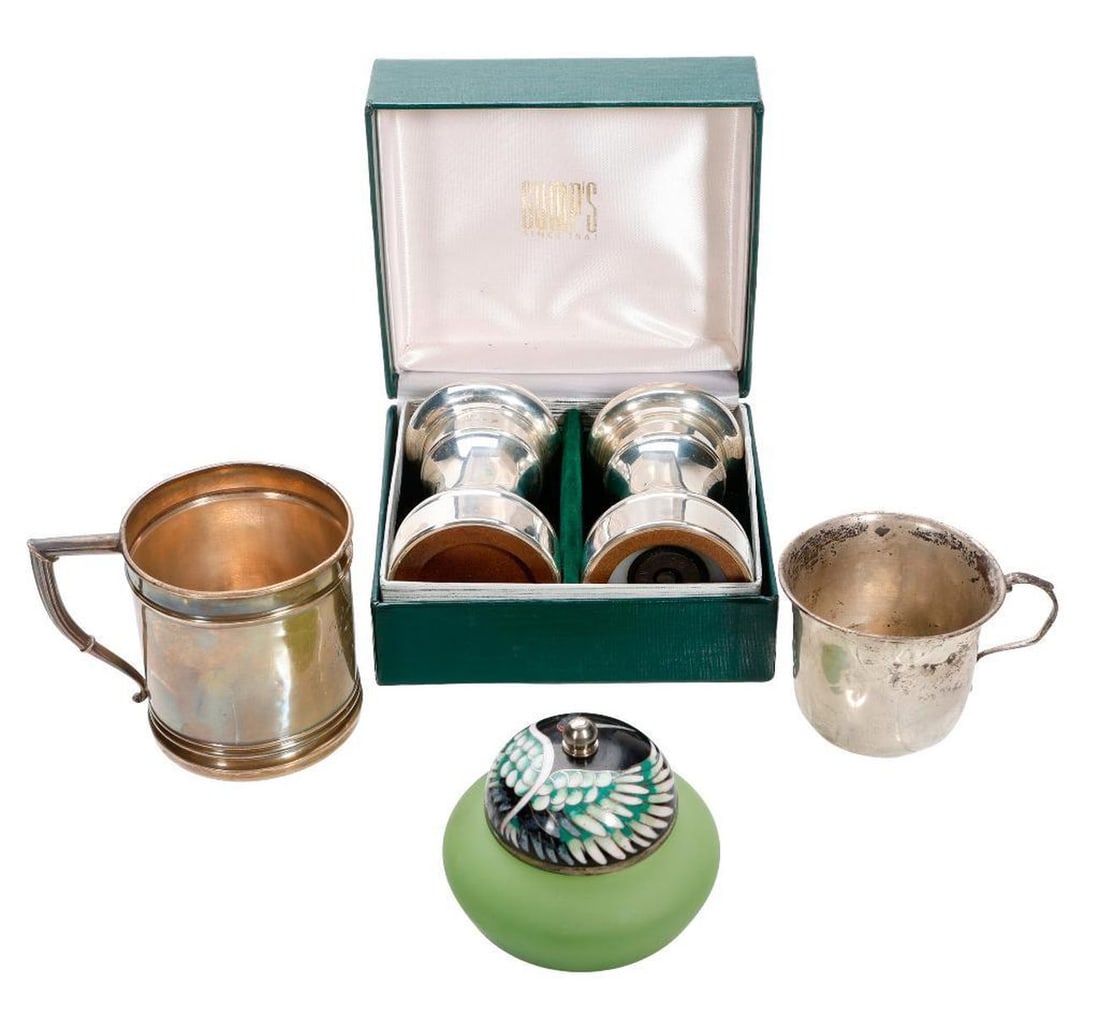 Lot of Two Sterling Mugs and A Pair of Empire Salt and Pepper Shakers (1 of 3)