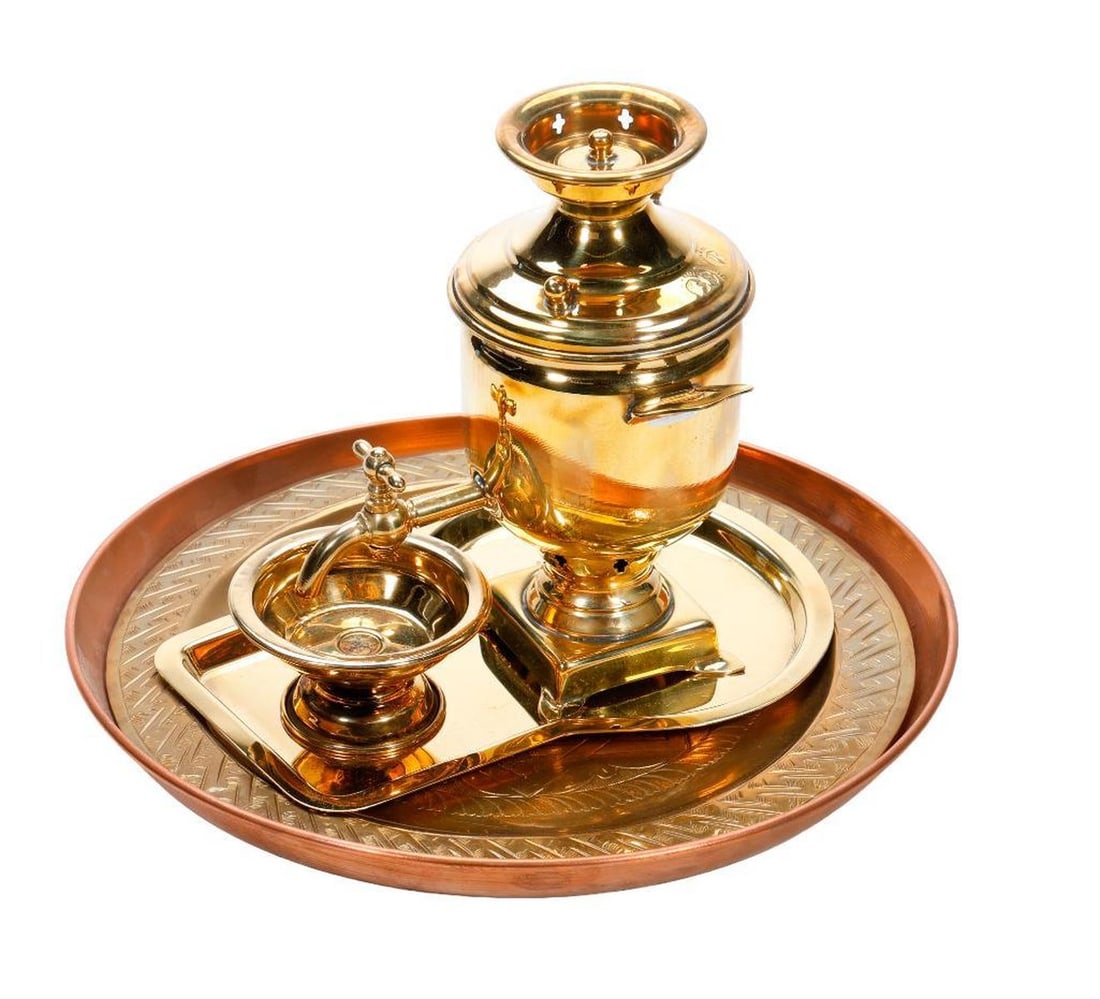 Mini Brass Samovar Set, with Two Middle Eastern Trays/Dishes (1 of 4)