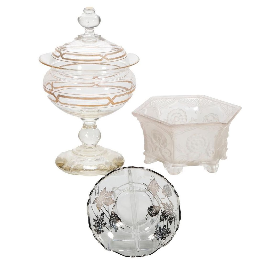 Three Art Deco Glass Table Artciles: Comprising a Veryls frosted hexagonal shape cache pot, fashioned in the Chinese taste, each side with floral stems in a garden setting, rising on bracket feet, 4.25"h x 8.25" greatest width; a Silver 