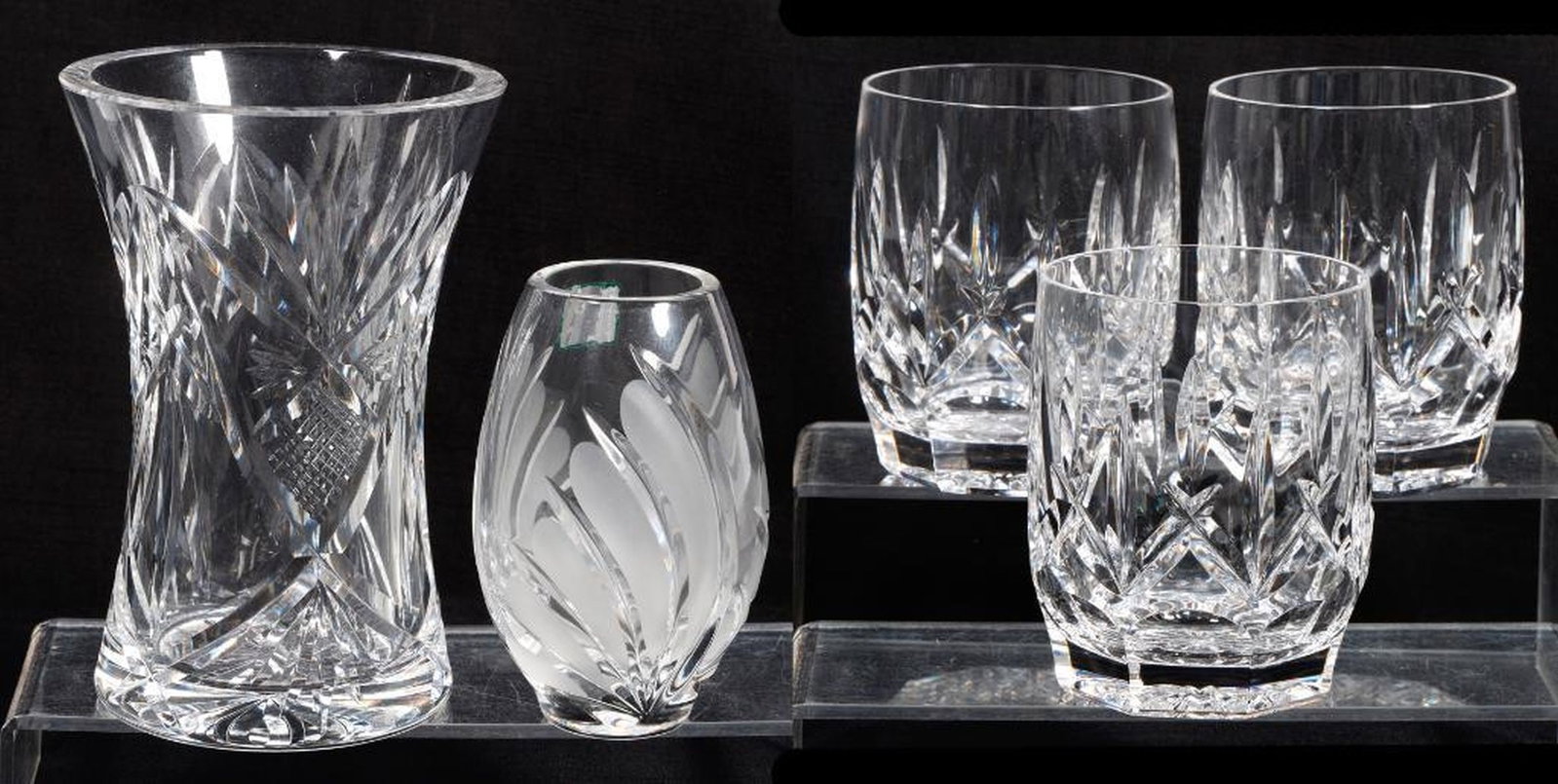 Lot Waterford Westhampton Old Fashioned Glasses; Vases and Eggs: Comprising ten Westhampton double old fashioned glasses 4"h; a Ludlow Westridge flower vase 6"h; a boxed Lismore emerald cased egg; 4.5"h; a paperweight 3.75"h; a Marquis vase with frosted leaf stems 