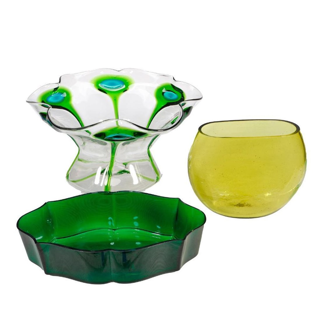 Stuart & Sons For Liberty Peacock Eye Two Color Glass Vase: The Peacock Eye or Cairngorm pattern waisted shallow bowl with flaring ruffled rim. each hollow with green stem and blue eye, having a polished pontil mark 6.5"h x 11.5"w (good condition with a raised