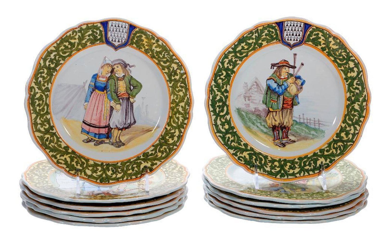 Twelve French Porquier Beau Faience Plates: Each plate featuring figures of French peasants including courting couples and a man playing a set of bagpipes, each bearing Bannalec and Quimper marks, 9.25"d {Overall good condition, a couple of pla