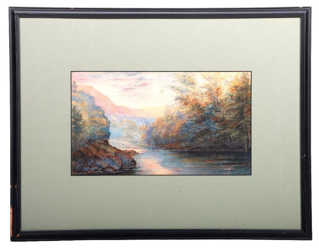 California School (20th Century), Watercolor: Artist: California School (20th Century). Title: Forest lake with mountains in the background. Unsigned. Medium: Watercolor on paper. Created: Circa 1920s-1930s. Size sight: 6.5" H - 10.75" W. Frame: 