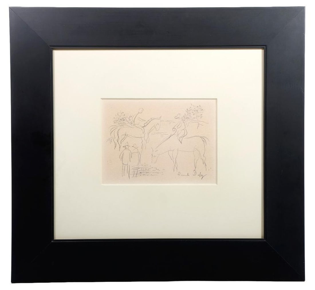 Raoul Dufy (1877-1953), Drawing: Artist: Raoul Dufy (1877-1953). Title: Jockeys. Signature: Pencil signed lower right "Raoul Dufy". Medium: Graphite on paper. Size sight: H - 6" W - 7.75". Size frame: H - 18.75" W - 18.75". Condition