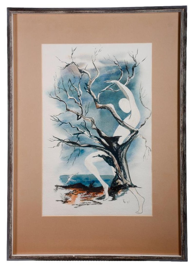 Modernist Watercolor of Figure and Tree: Artist: K. L. (or L. K.) (20th Century). Title/Description: Dancing figure and tree. Signature: Signed with a KL (or LK) cypher lower right. Date: 1957. Medium: Watercolor on paper. Size: 19 1/4" x 12