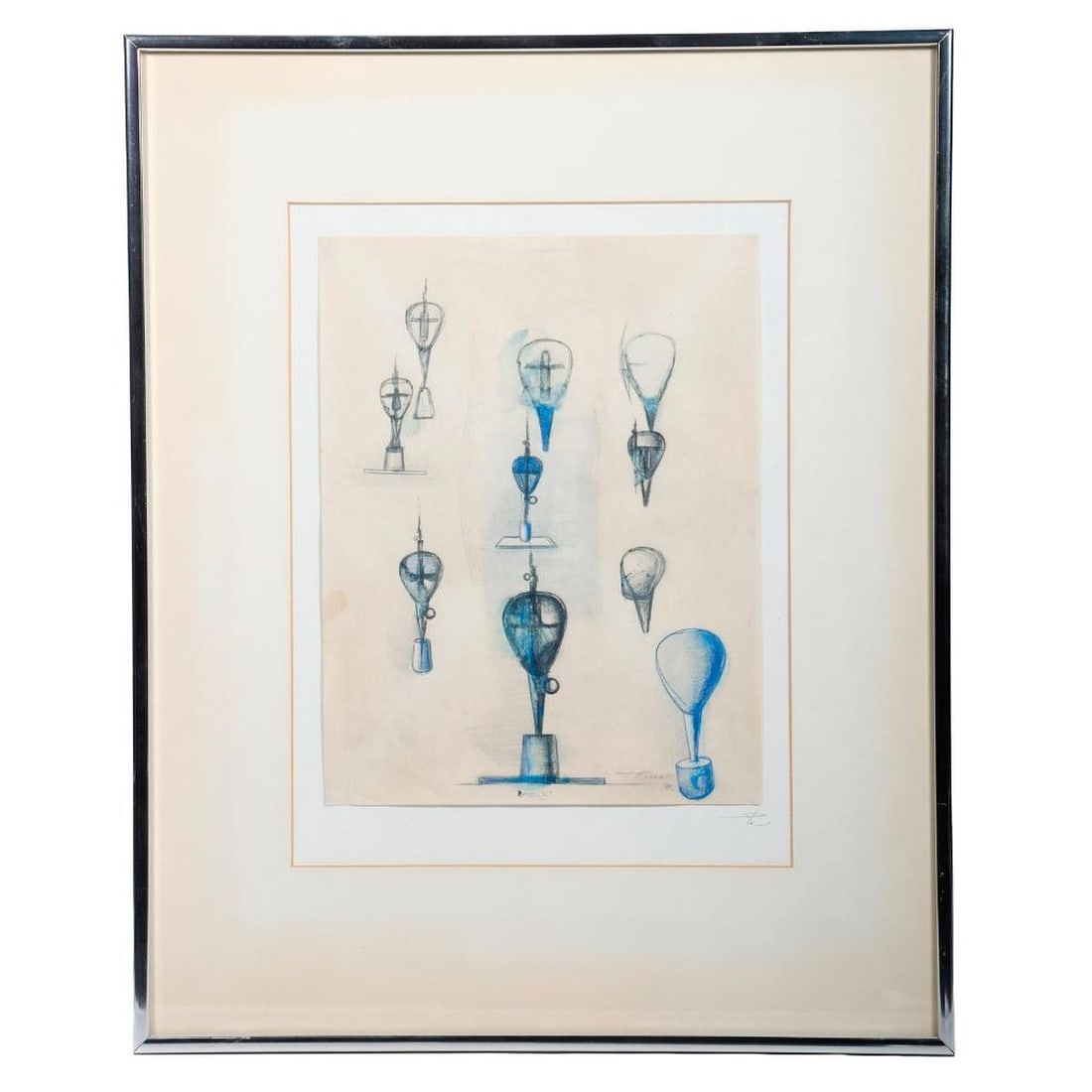 Theodore Roszak (1907-1981), Drawing: Artist: Theodore Roszak (1907-1981). Title: "Lighter than Air." Signature: Lower right, and initialed on matte. Date: 1941. Medium: Ink and colored pencil. Size: 11" x 8 1/4" (frame 19 1/2" x 15 3/4")