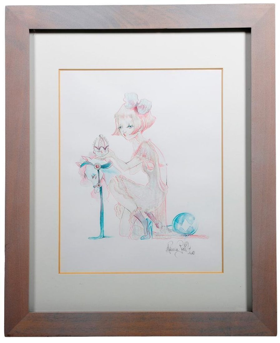 Natascia Raffio (Born 1979), Drawing: Artist: Natascia Raffio (Born 1979). Title: Hobby horse girl in pink and blue. Signature: Signed lower right. Date: 2018. Medium: Colored pencil on paper. Size sight: H - 9.75" W - 7.5". Size frame: H