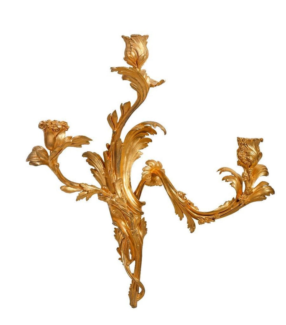 Pair Louis XIV Rococo Style Gilt Bronze Three Light Appliques (1 of 3)