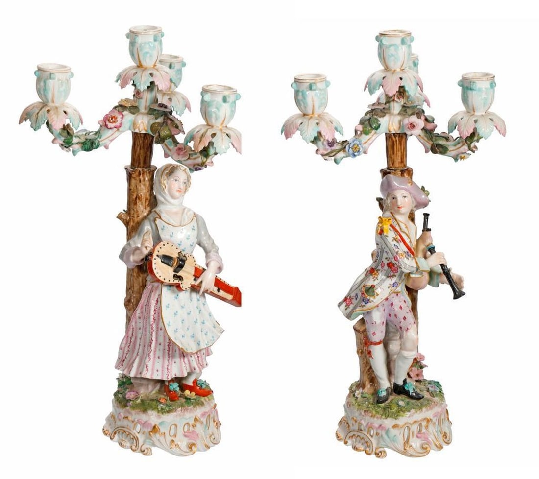 Pair Meissen Style Figural Three Light Candelabra (1 of 4)