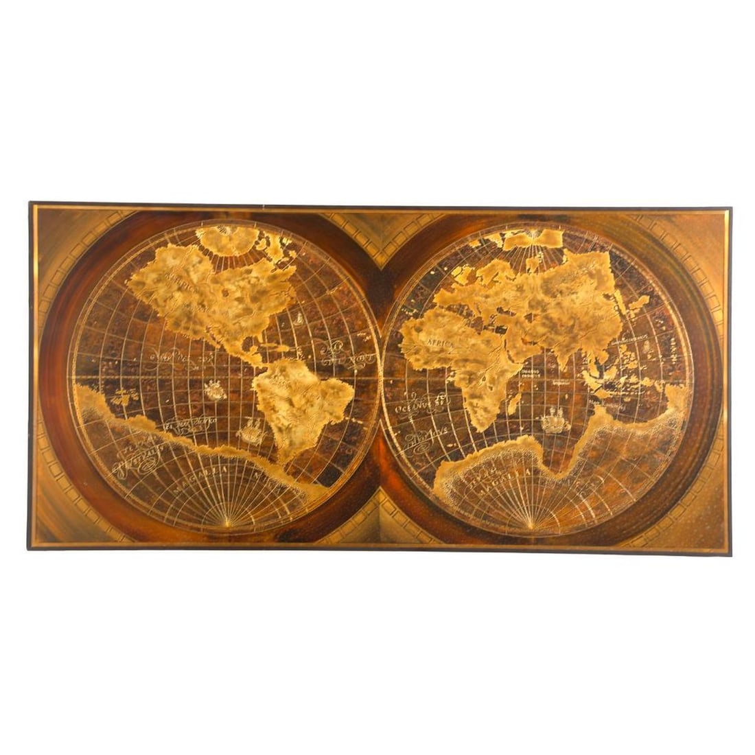 Rudy Lechleither Brass Clad World Plaque: Artist: Rudy Lechleiter (German, Born 1947, now living in Canada). Title/Description: World Map Signature: signed. Medium: Etched and Painted on Brass Clad Wood Panel Size: 24"h x 48"w x 2.5"d. 