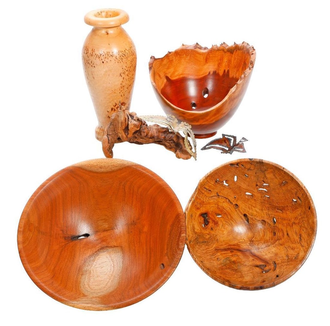 Three Contemporary Artisan Hewn Wood Bowls and A Vase (1 of 2)