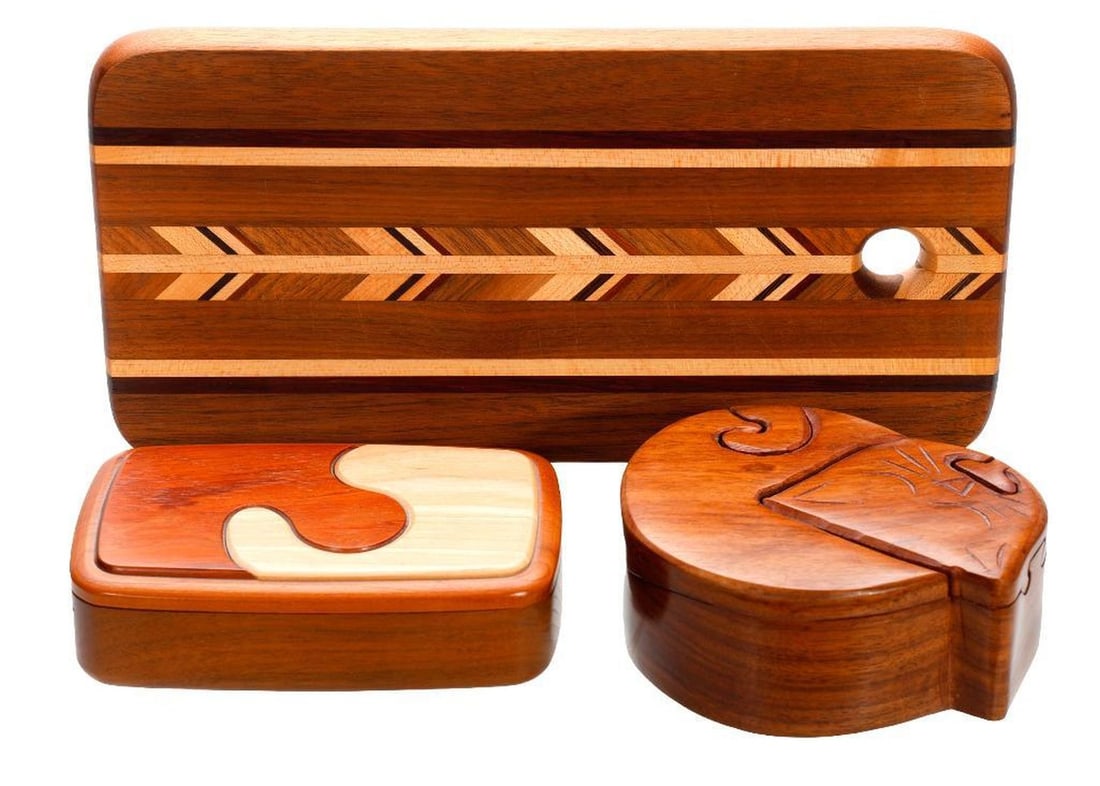 Two Modern Carved Wood Puzzle Boxes and Inlaid Cutting Board (1 of 2)