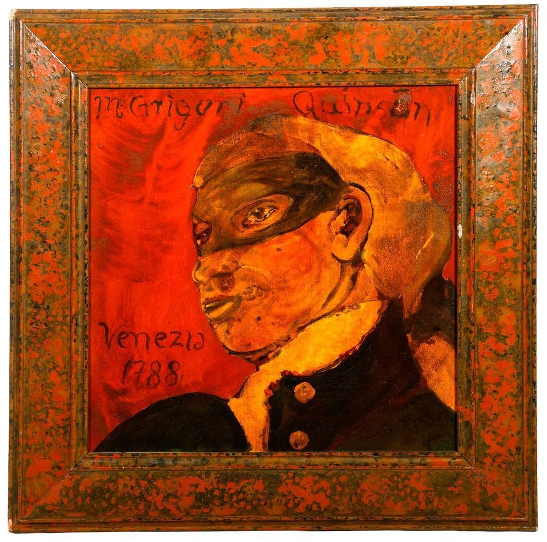 Ira Yeager (1938-2022), Painting: Artist: Ira Yeager (1938-2022). Title: M. Grigori Quinson, Venezia, 1788. Signature: Ira Yeager (faintly l/r). Medium: Oil and acrylic on canvas; painted frame. Size: 16" x 16" (frame 22" x 22"). Cond
