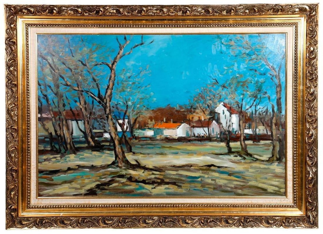 20th Century Painting of a Village Scene: Artist: 20th Century School. Title/Description: Village scene with church. Signature: In script lower right, indistinctly (Bohm?). Medium: Oil on masonite. Size: 24" x 36" (frame 32" x 44"). Condition