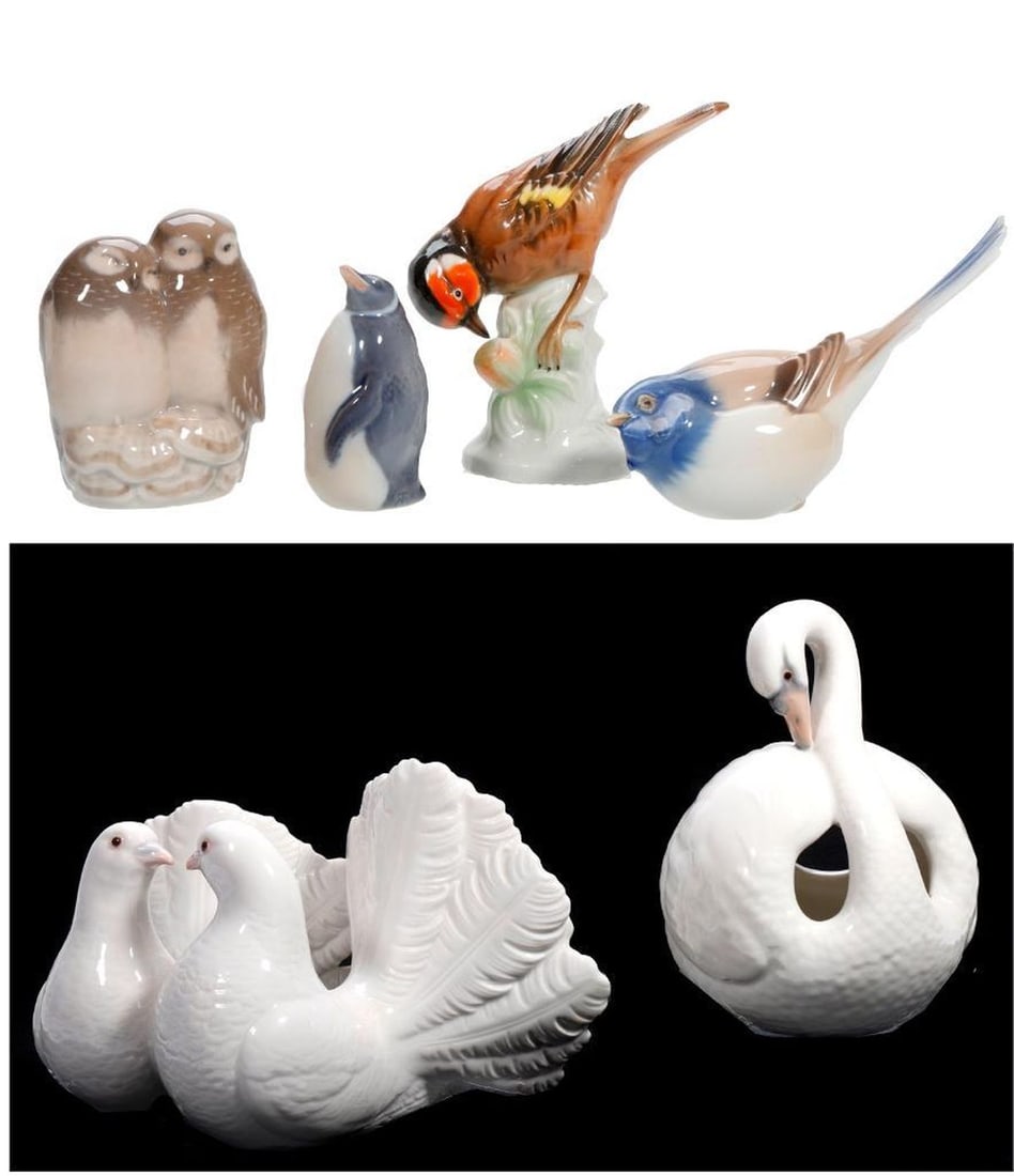Eight European Porcelain Figures of Birds: Comprising a Bing & Grondahl titmouse, designed by Dahl Jensen #1633 3.5"h; a Crown Staffordshire group of a Bird of Paradise, designed by J.T. Jones 5.5"h [repair to and minor loss to encrusted