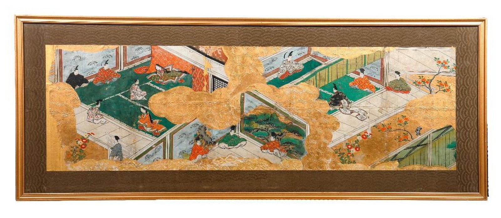 Japanese Yamato-e Painting Depicting a Scene from the Tale of Genji: Japanese School in the Yamato Style Reminiscent of the Iwasa School Title: Scene from Tale of Genji Medium: gouache and gilt leaf on paper, probably a handscroll Size: image 8.75"h x 28.25"w; fr