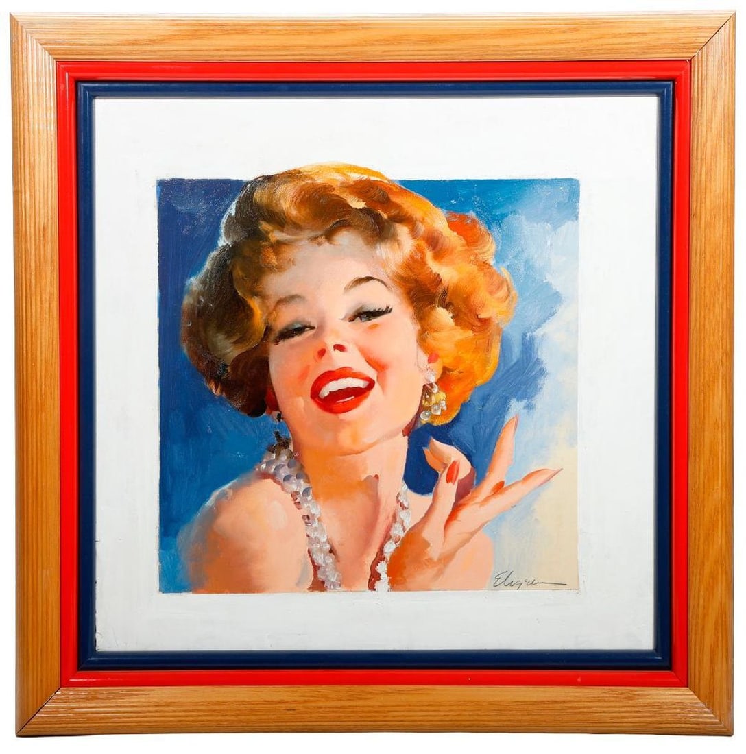 Gil Elvgren, Painting of Lady: Artist: Gil Elvgren Title: Original Painting of Glamorous Lady for Schmidt Litho. Signature: Signed lower right "Elvgren". Medium: Oil on board. Circa: 1960. Size image: H - 17.5"W -18.5". Size frame: