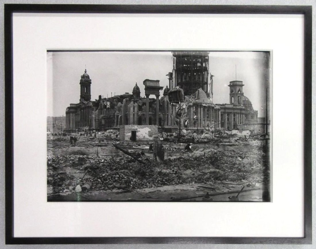San Francisco Photograph of City Hall: Closeup view of San Francisco City Hall, after San Francisco Earthquake and Fire of 1906; Circa: 1906, Medium: silver print, printed posthumously from original glass transparency, Dimensions: framed