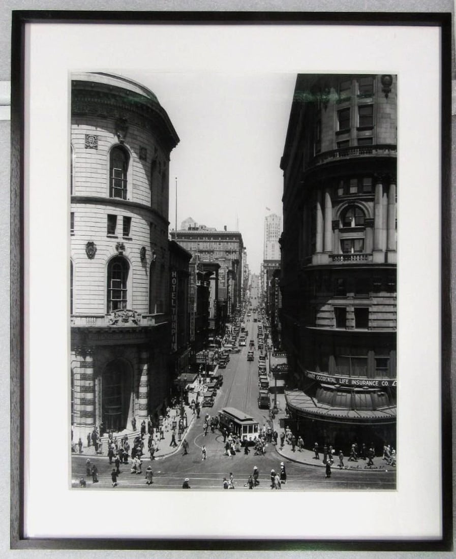 Gabriel Moulin Photograph of Cable Car Turnaround: Artist: Gabriel Moulin (American 1872-1945) Title/Description: Cable Car Turnaround at end of Powell Street Medium: black and white Size: framed and matted 20" x 15" (50.8 x 38.1 cm) Signature: