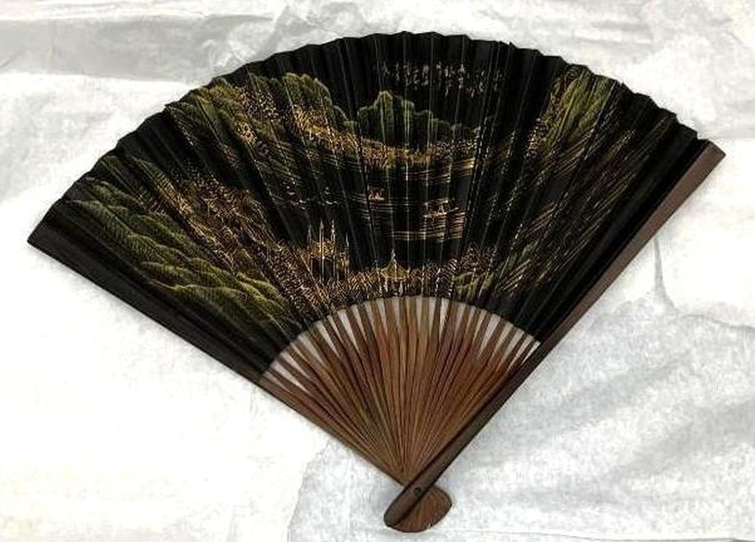 fan, folding: early advertising fan, Circa: 1920, Medium: wood, paper, ink, Dimensions: 10" x 14.5" x 1" (25.4 x 36.8 x 2.5 cm)