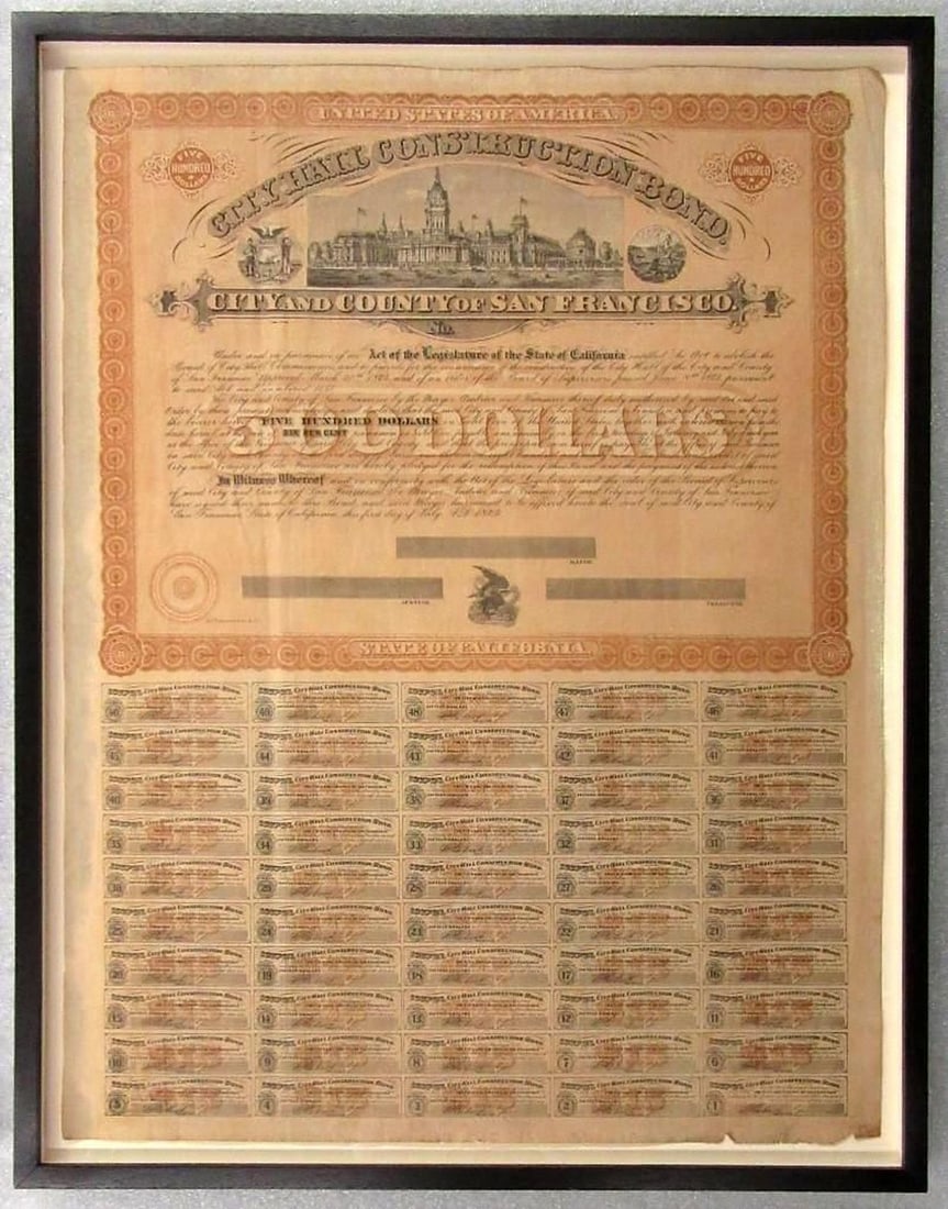$500 San Francisco City Hall Construction Bond: Dimensions: Image 23.5" x 18"; frame 24.75" x 19.25" x 1.5" (62.9 x 48.9 x 3.8 cm)