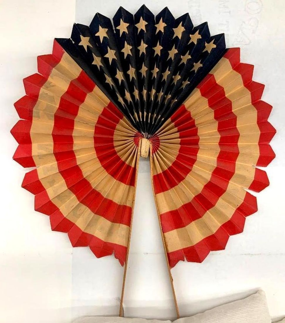 Vintage American Patriotic Flag Fan: Folding paper fan with wood handles, red, white and blue. Dimensions: 10.5" x 10" (26.7 x 25.4 cm)