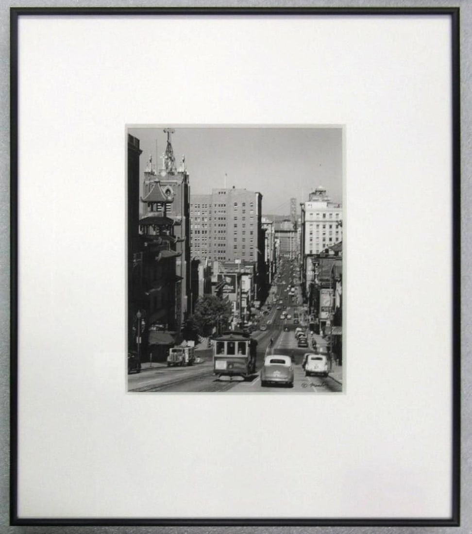 Gabriel Moulin Photograph of California Street: Artist: Gabriel Moulin (American 1872-1945). Title/Description: California Street Looking East. Medium: black and white. Size: 9.5" x 15..5" (24.1 x 19.7 cm); framed and matted 19" x 16 1/2". Signatur