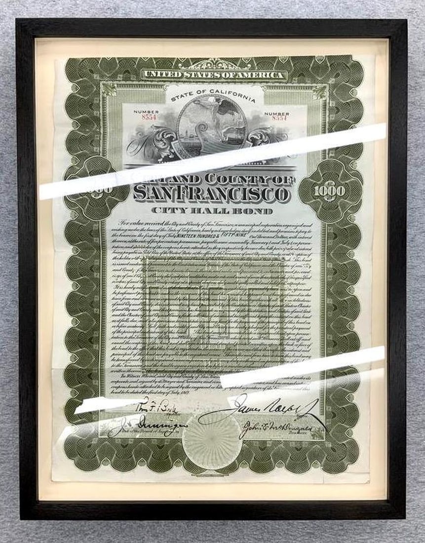 $1000 San Francisco City Hall Construction Bond: Circa 1959. Dimensions: framed 15 x 11 1/2 x 2 inches (38.1 x 29.2 x 5.1 cm)