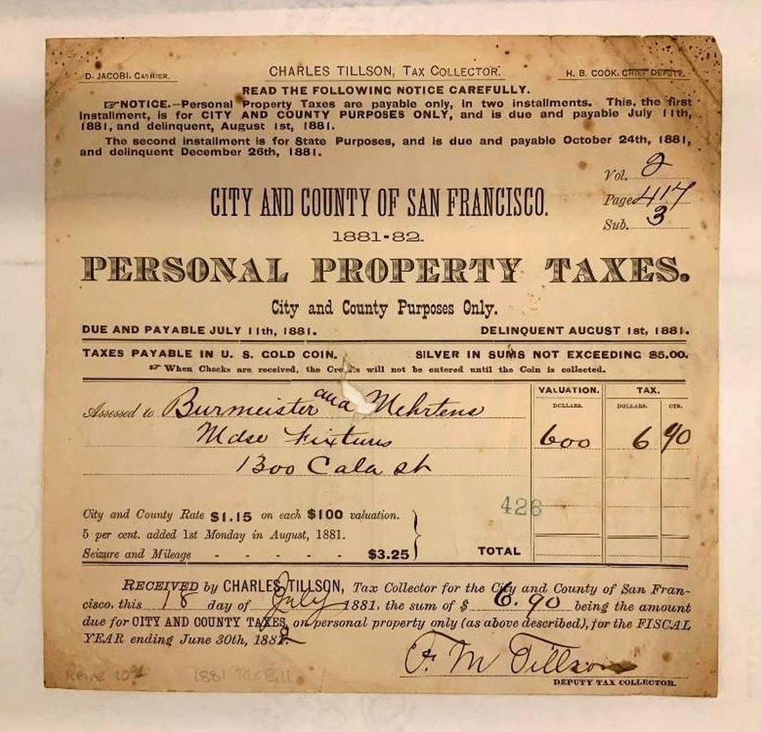 Gold Rush Era City and County of San Francisco Personal Property Tax Receipt (1 of 2)