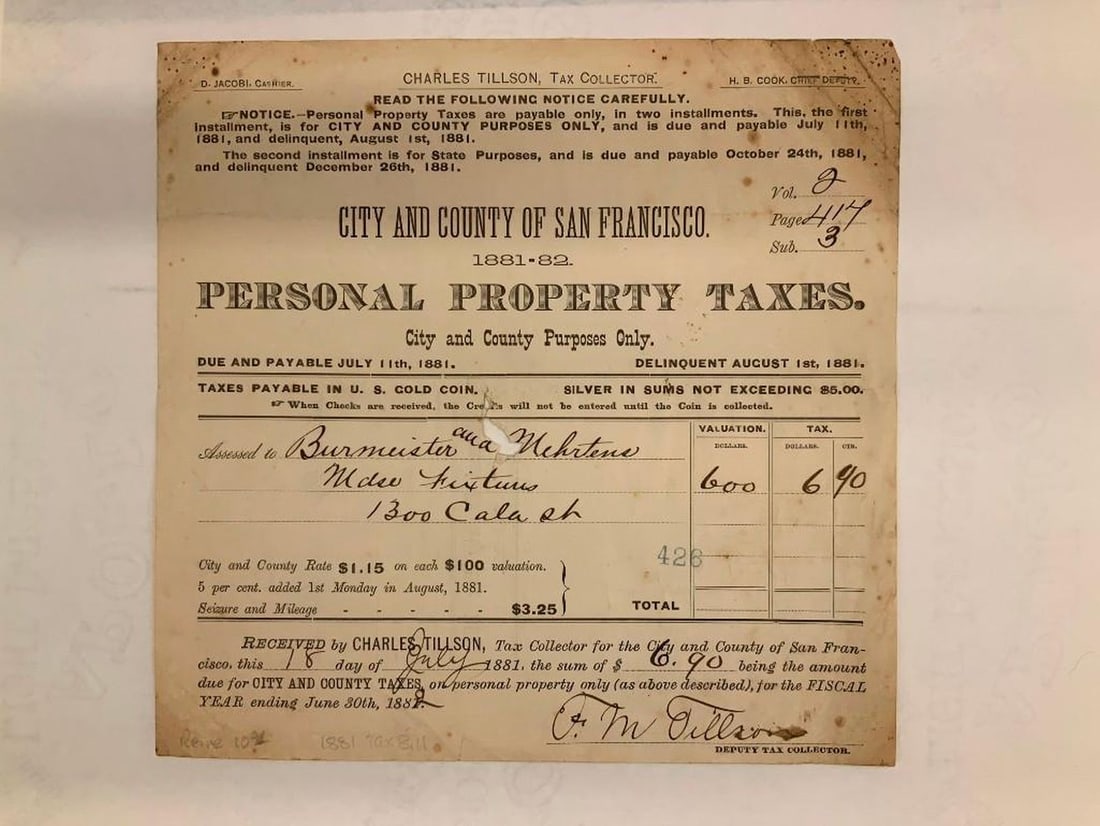 Gold Rush Era City and County of San Francisco Personal Property Tax Receipt - 2