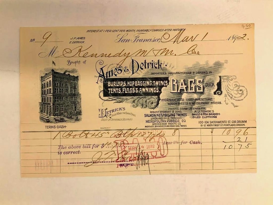Ames & Detrick Sales Receipt: Circa 1892. Dimensions: 5.5" x 8.5" (14 x 21.6 cm)