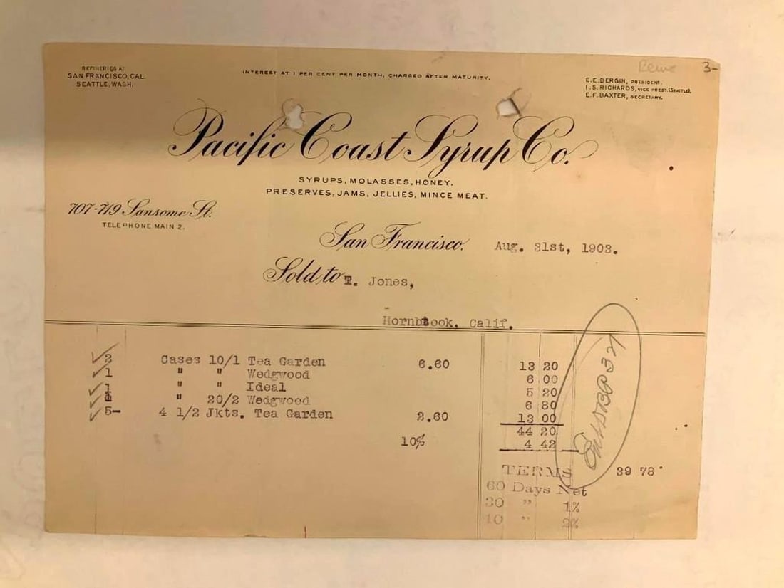 Pacific Coast Syrup Co. Sales Receipt: Circa: 1903. Dimensions: 6.5" x 8.5" (16.5 x 21.6 cm)
