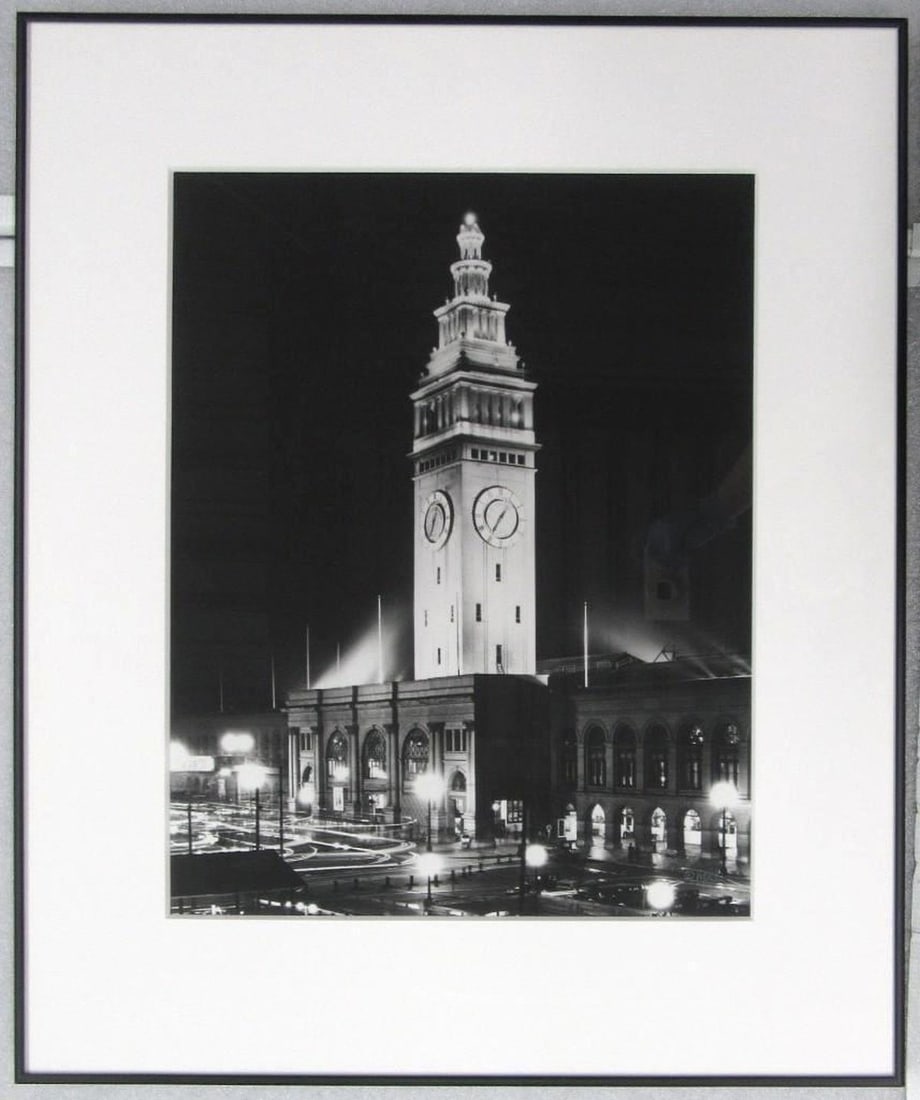 Gabriel Moulin Photograph of Ferry Building at Night: Artist: Gabriel Moulin (American 1872-1945). Title/Description: San Francisco Ferry Building Tower At Night. Medium: black and white. Size: framed and matted; 20.25" x 16" (51.4 x 40.6 cm); frame 29
