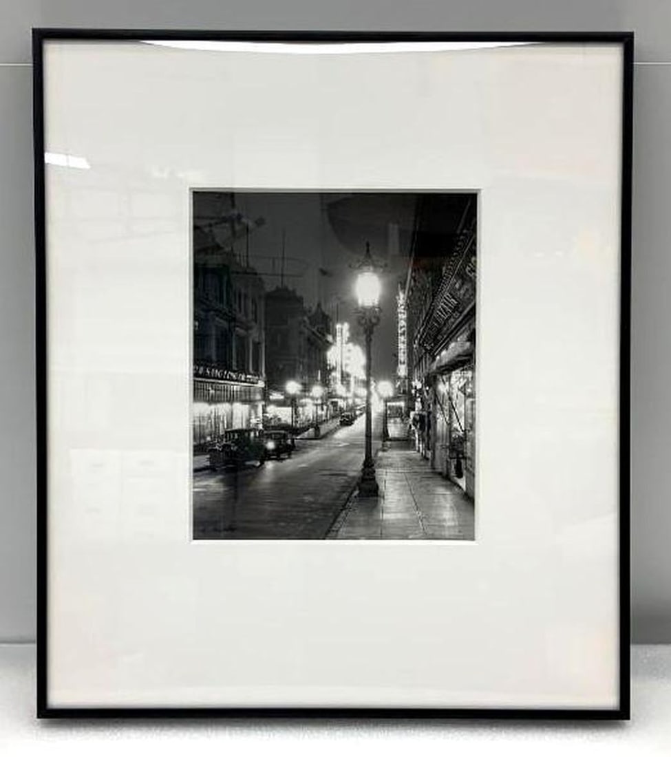 Gabriel Moulin Photograph of Chinatown Street at Night: Artist: Gabriel Moulin (American 1872-1945) Title/Description: Chinatown at Night Medium: black and white Size: framed and matted 18.75" x 16.25" (47.6 x 41.3 x 2.5 cm) Signature: signed l.l. Moulin