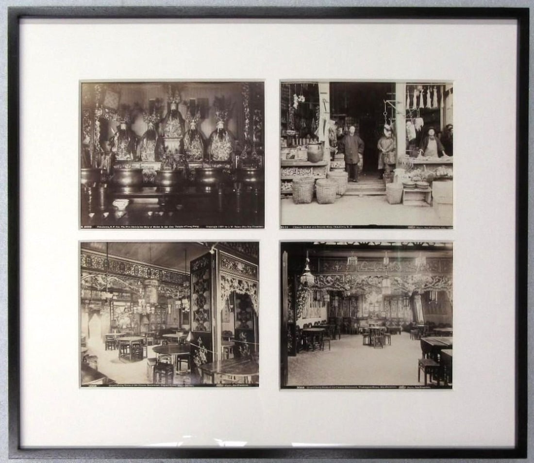 Framed Lot of Four Isaiah Taber San Francisco Chinatown Photos: Artist: Isaiah Taber (American 1830-1912) Title/Description: Four Photos of Chinatown, including the five idols in the Holly Holies; Chinese butcher and grocery shop; two photos of grand dining room