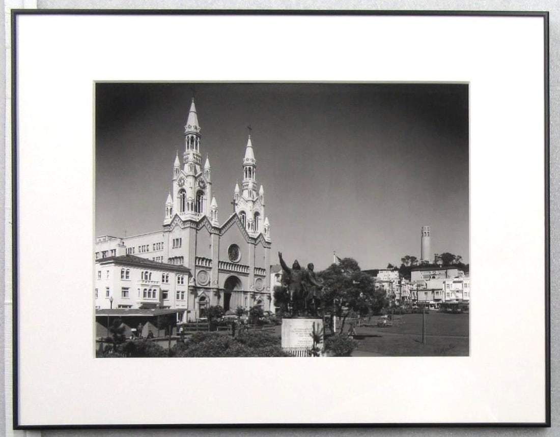 San Francisco Black and White Photograph of Washington Square Park: Circa: 1961. Dimensions: 16" x 20.5" (40.6 x 52.1 cm); frame 24" x 29 1/2".