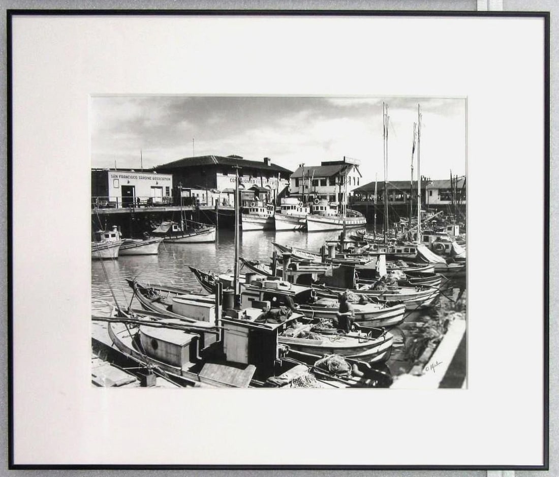 San Francisco Black and White Photograph of Fisherman's Wharf: Circa: 1938, Dimensions: 15.5" x 20" (39.4 x 50.8 cm); frame 24 1/2 x 29 1/2 inches.