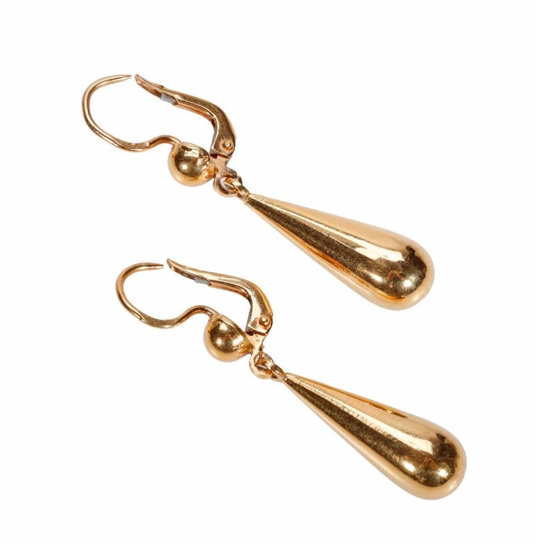 Pair of 18k gold pendant earrings: the drop pendants surmounted by Euro-lever tops; stamped 750; weighing approximately 3.99 grams; length: 1 1/2 in.