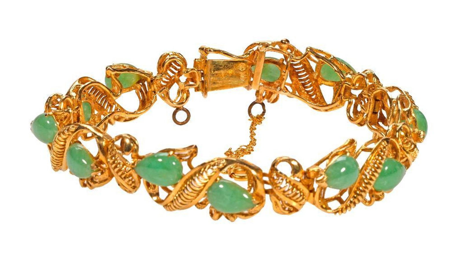 A jade and 14k gold bracelet: designed with 12 pear-shaped jade cabochons, each measuring approximately 6.0 x 8.0 mm; weighing approximately 23.3 grams; length: 7 in.
