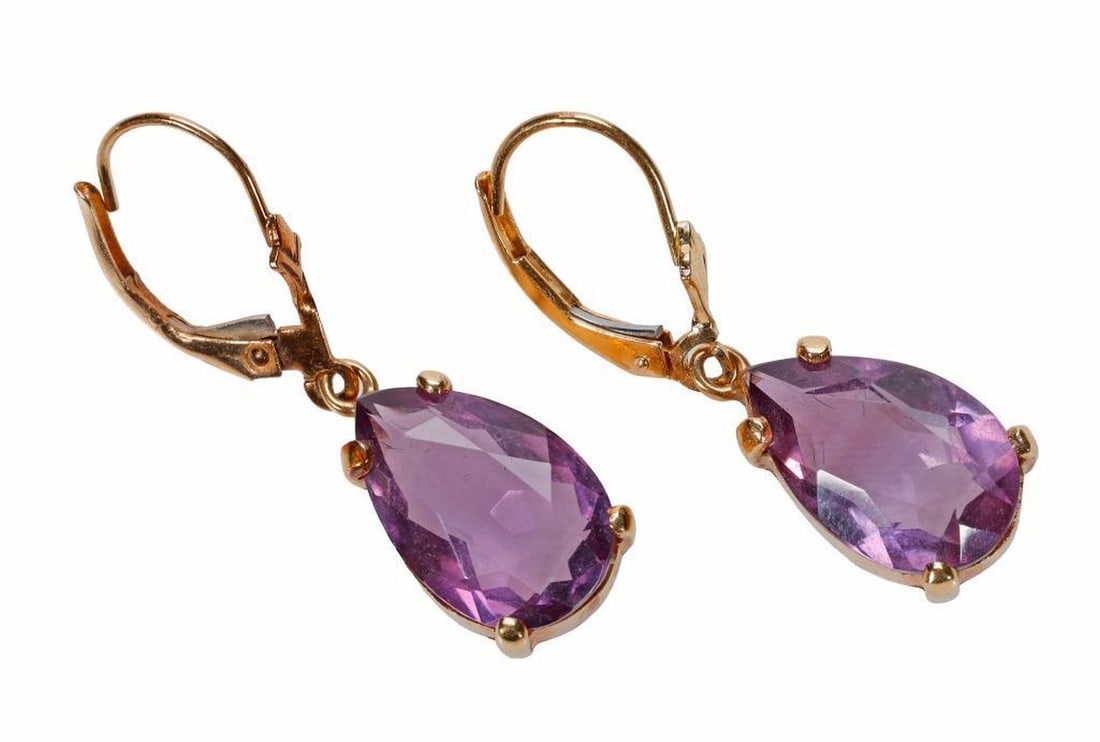 Pair of amethyst and 14k gold earrings: designed with pear-shaped amethyst drops, each measuring approximately 13.65 x 8.85 x 5.10mm, surmounted by Euro-lever tops; length: 1 1/4 in.