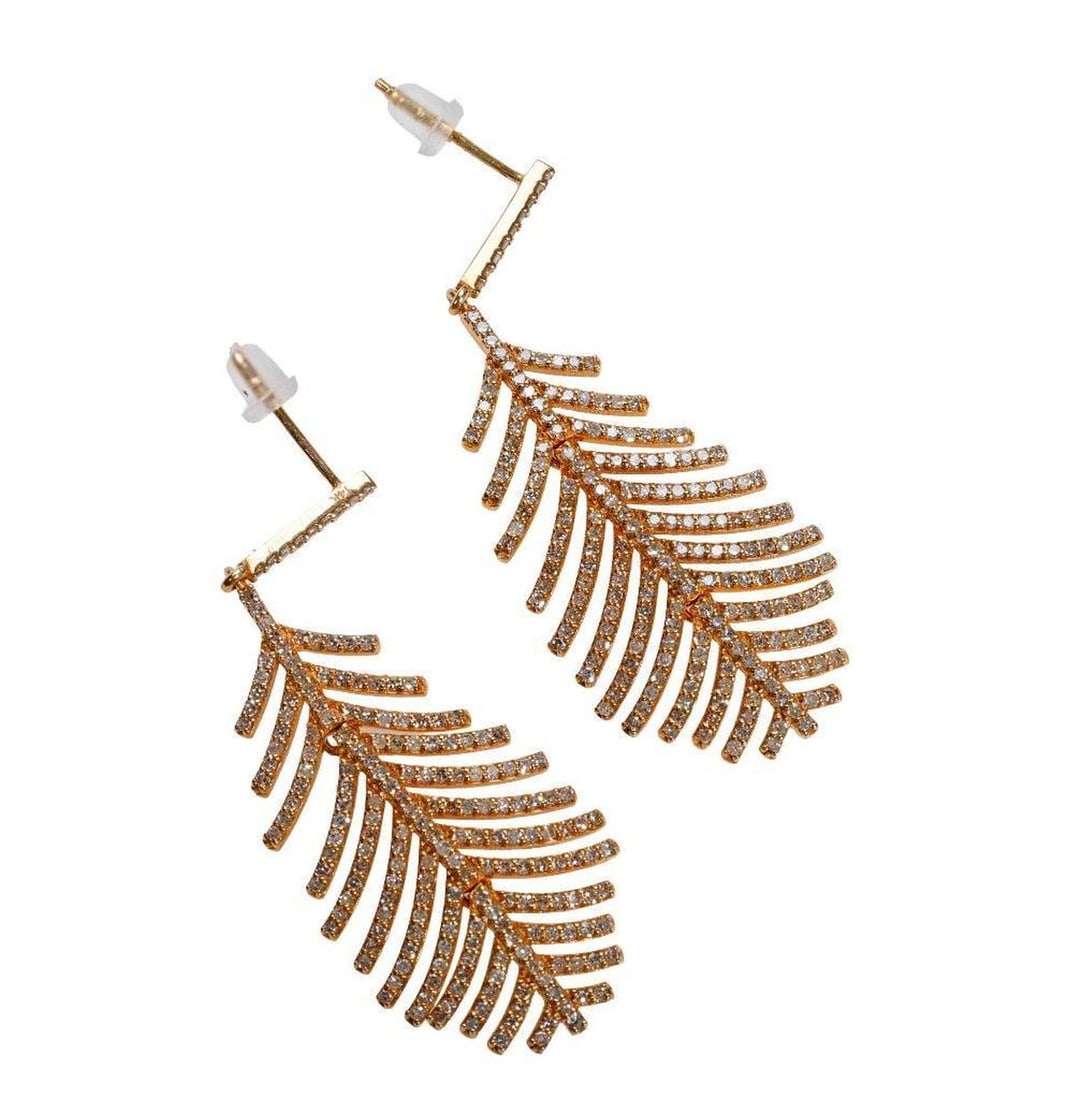A pair of diamond and 14k gold feather earrings: the articulated earrings set with numerous round brilliant-cut diamonds, weighing together 1.25 carts; weighing approximately 8.9 grams; length: 2 in.