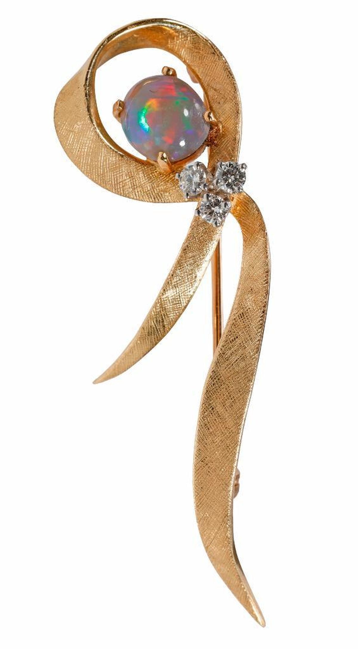 An opal, diamond and 14k gold brooch: featuring an oval-shaped opal measuring approximately 8.50 x 6.00mm, and accented by three round brilliant-cut diamond, weighing approximately 0.20 carat total; weighing approximately 6.7 grams; lengt