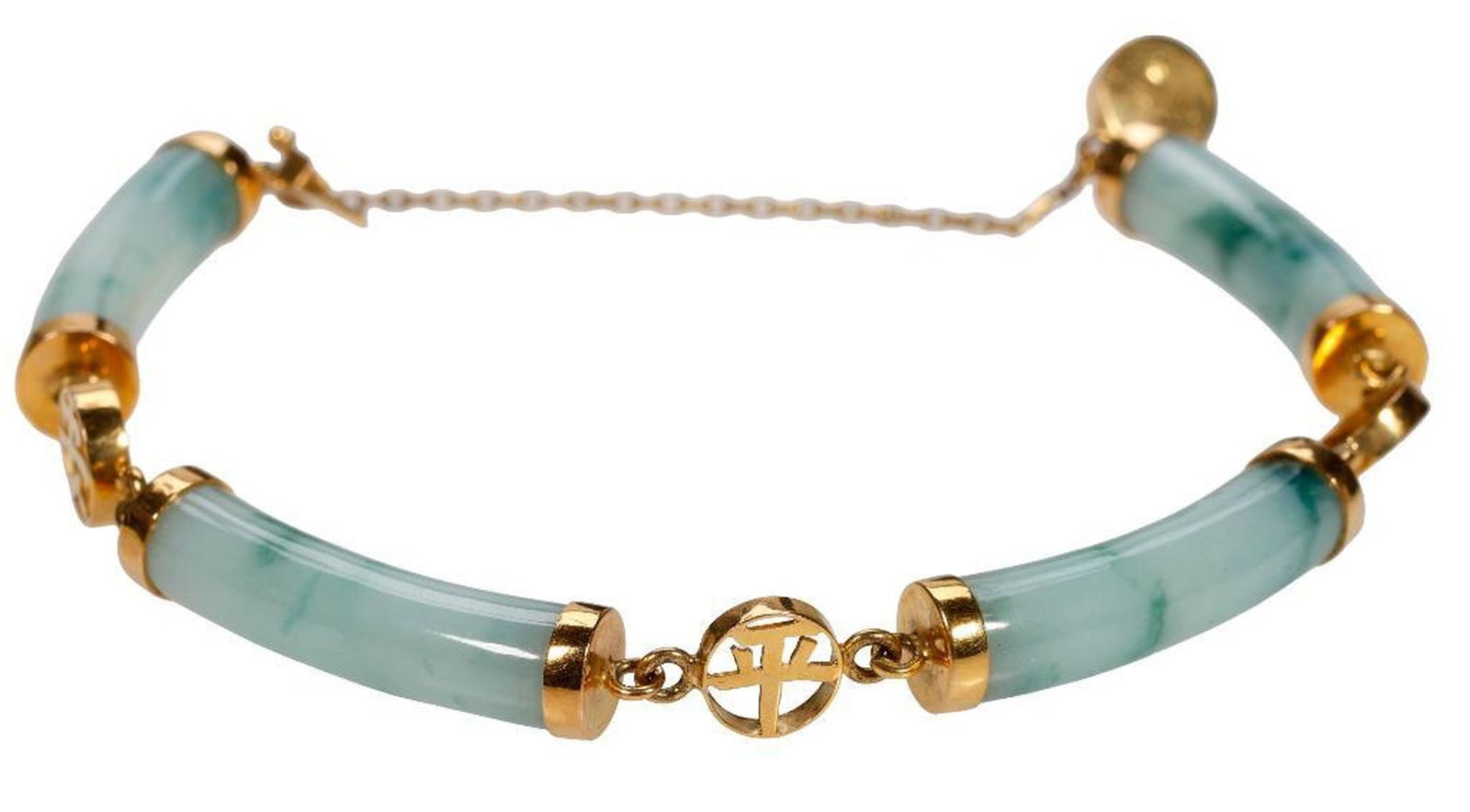 A jade and 14k gold bracelet: designed with barrel-shaped links; weighing approximately 19.2 grams; length: 7 in.