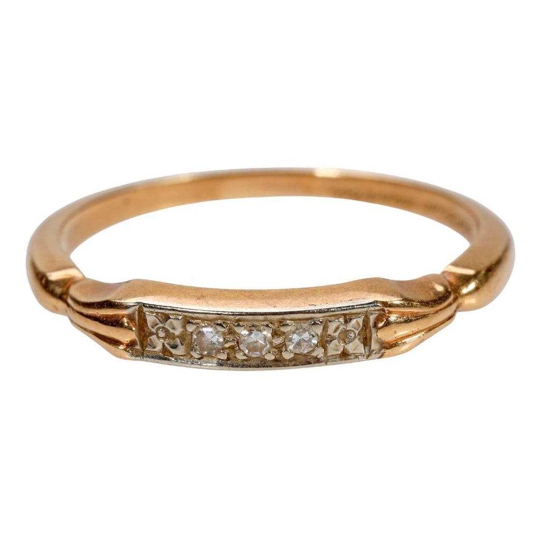 ArtCarved diamond and 14k gold wedding band: set with three single-cut diamonds; weighing approximately 1.9 grams; size: 7 shy