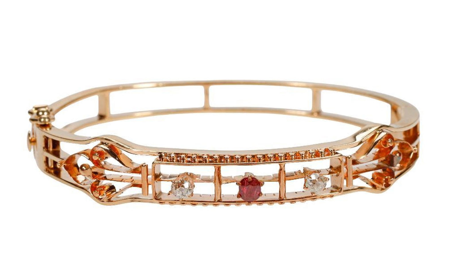 Antique diamond, ruby and 14k gold bangle bracelet (1 of 2)