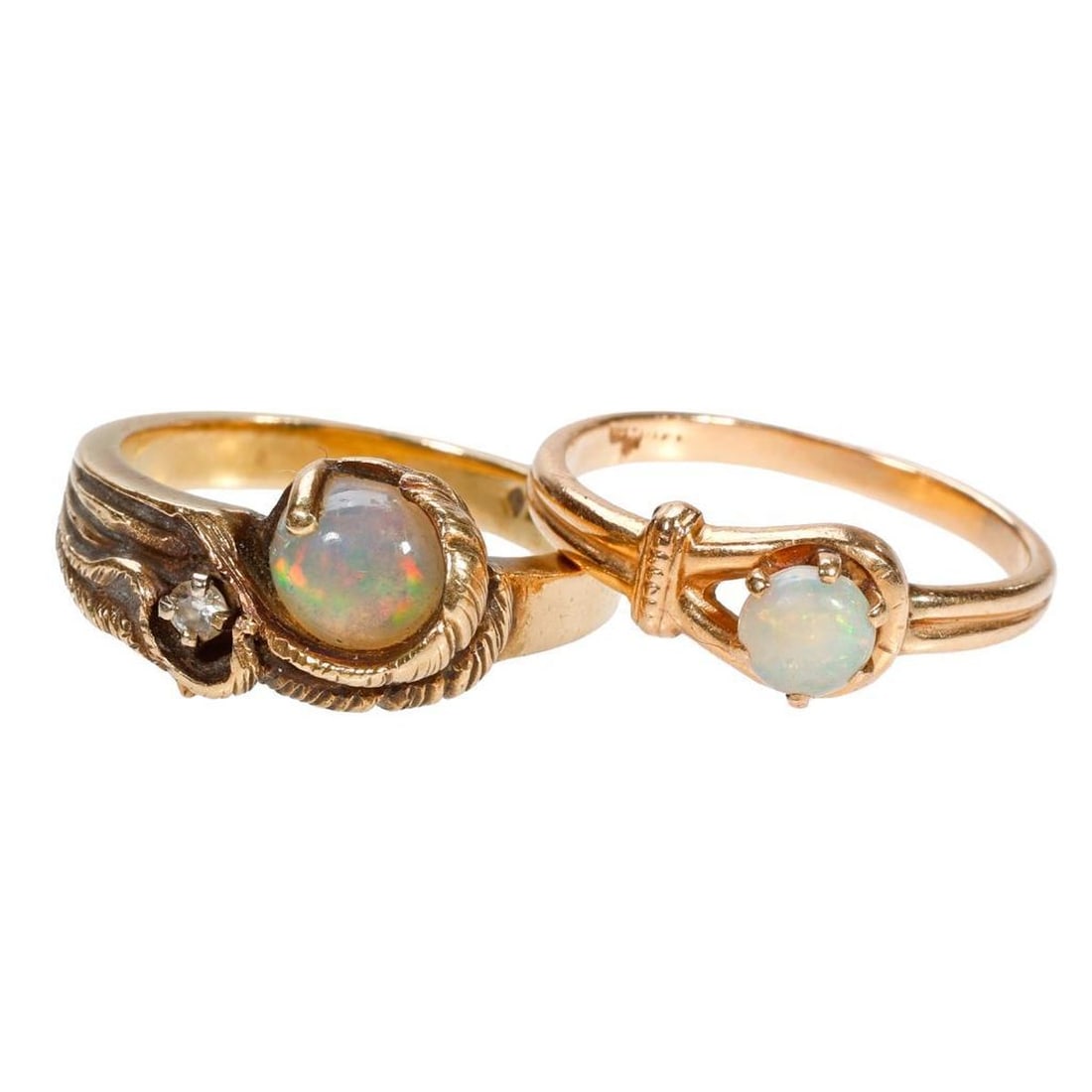 Two opal and 14k gold rings: one accented with a round diamond; gross weight approximately 6.4 grams; sizes: 4 1/2 and 4 3/4