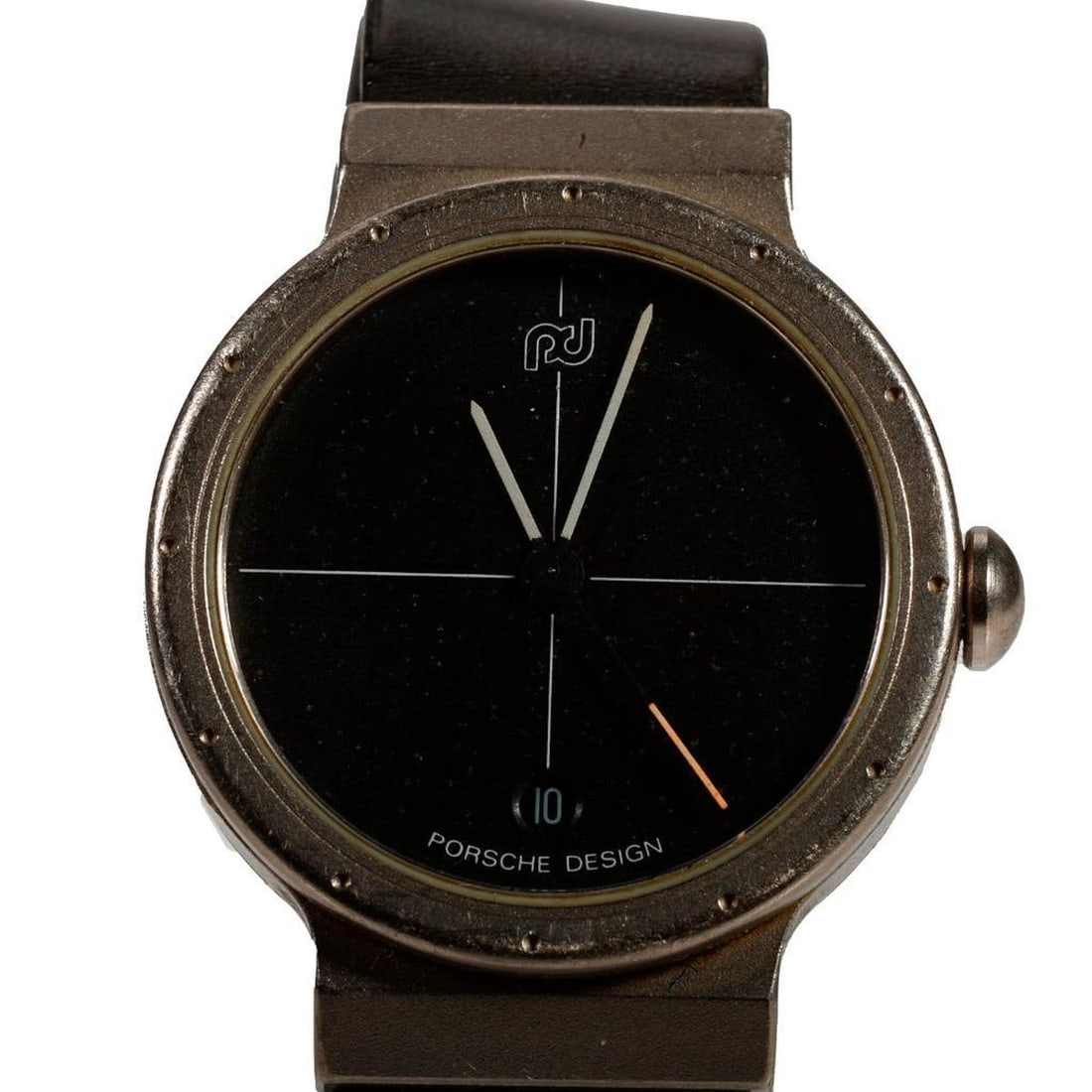 Porsche Design stainless steel wristwatch, c. 1980's: ladies, quartz, matte black with date aperture, screw down case, rubber strap with deployant clasp, Ref #232890; diameter: 25mm (signs of use due to age)