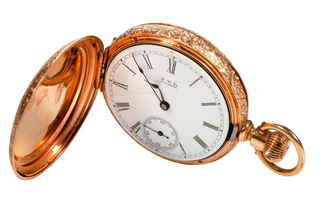 American Waltham 14k gold hunting cased pocketwatch: Model #1889, grade H, with auxiliary seconds dial; case #288101, movement #4433018; size 6s; weighing approximately 57.5 grams; dia: 40mm (note: missing crystal, top cover not closing properly)